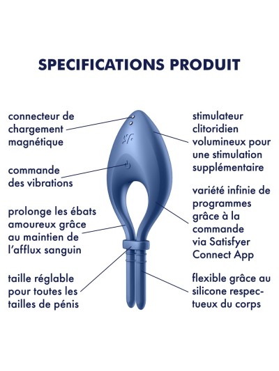 Cockring vibrant connecté USB bleu Bullseye Satisfyer 