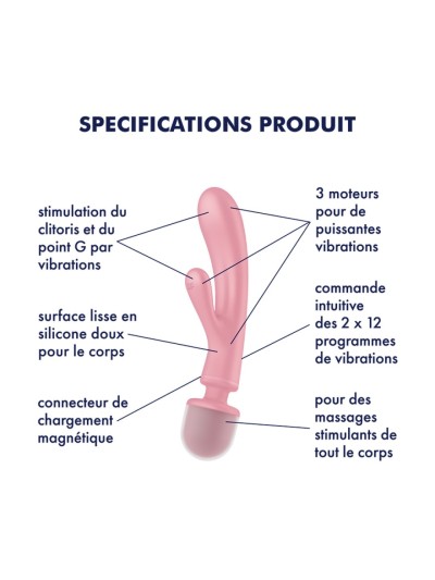 2 en 1 Vibromasseur rabbit et wand rose USB Triple Lover Satisfyer 