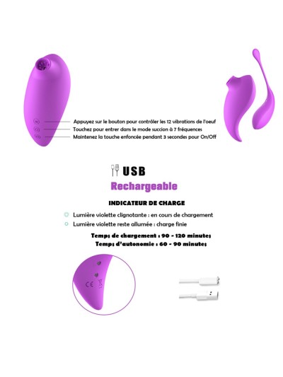 2en1 Stimulateur clitoridien à picots par aspiration avec son œuf vibrant à distance violet 