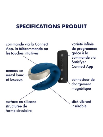 Vibromasseur connecté pour couple avec télécommande Double Love bleu Satisfyer 
