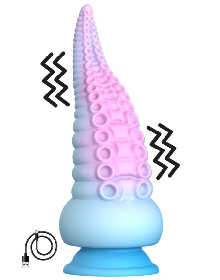 Gode ventouse tentacule Kraken vibrant 18 cm rose et bleu USB 