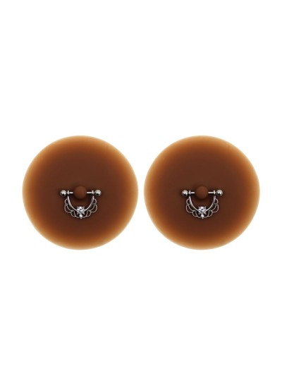 Paire de cache-tétons piercing barre demi-anneau faux diamant peau foncée 