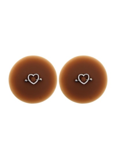 Paire de cache-tétons piercing barre coeur faux diamant peau foncée 