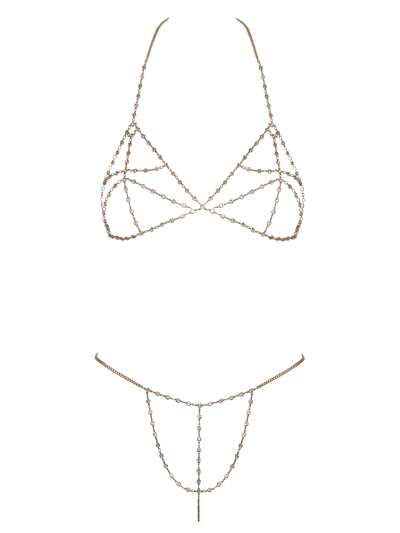 Soutien-gorge et string bijoux en chaînettes dorées et strass irisés 