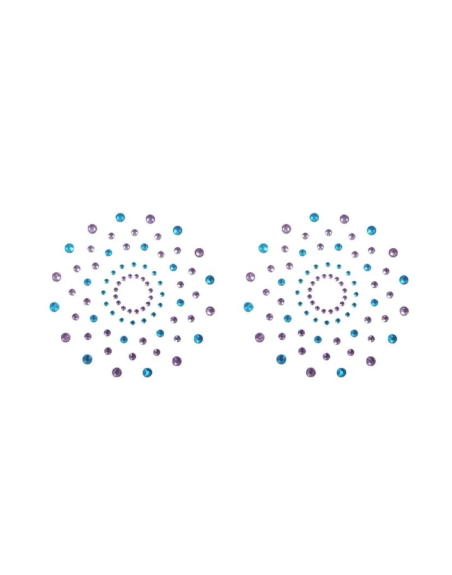 Paire de cache tétons adhésifs strass bleu et violet 