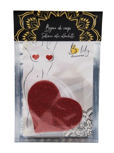 Paire de cache tétons adhésifs coeur pailleté rouge 