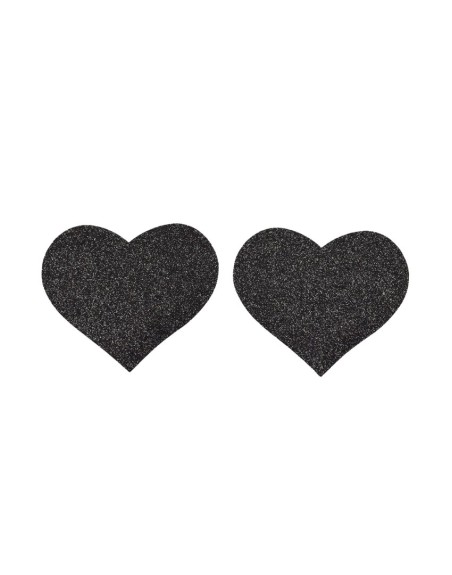 Paire de cache tétons adhésifs coeur pailleté noir 