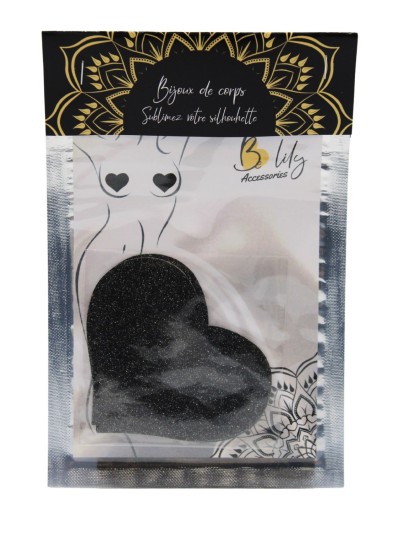 Paire de cache tétons adhésifs coeur pailleté noir 