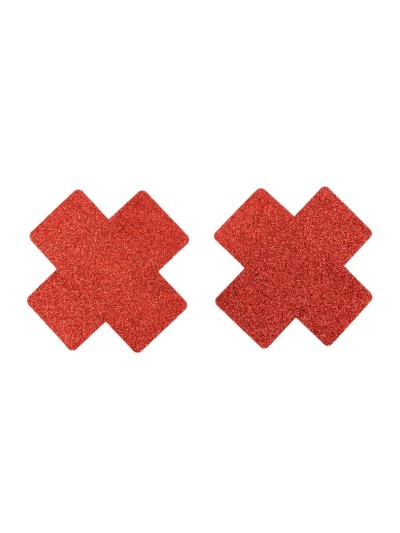 Paire de cache tétons adhésifs croix pailletée rouge 