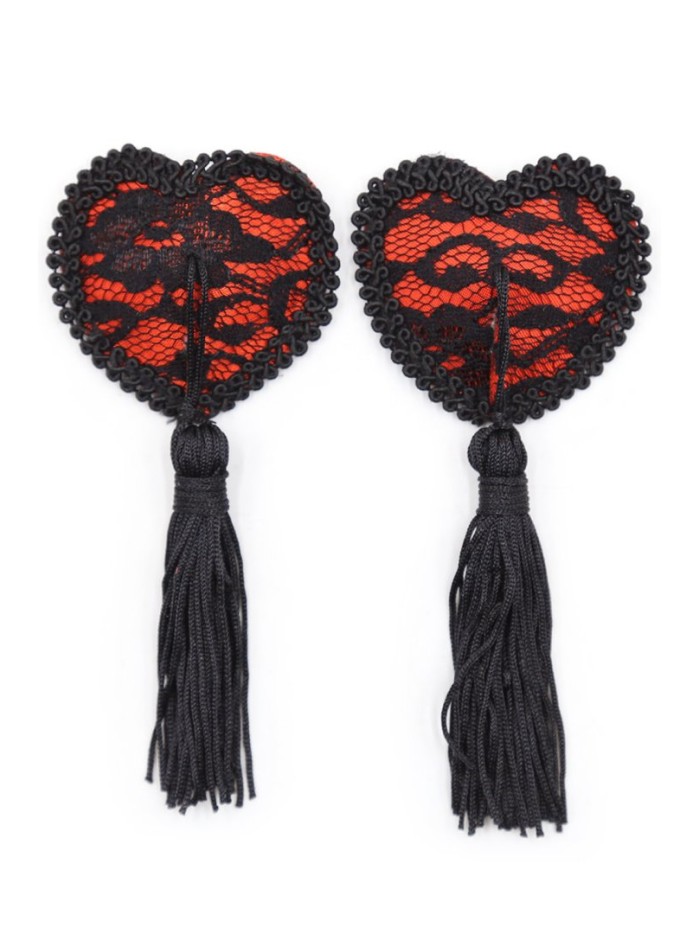 Paire de cache tétons adhésifs en forme de cœur avec dentelle noire et pompom 