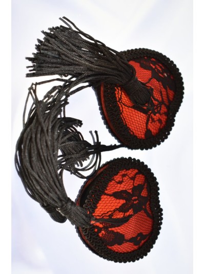 Paire de cache tétons adhésifs en forme de cœur avec dentelle noire et pompom 