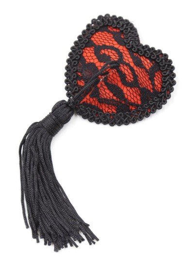 Paire de cache tétons adhésifs en forme de cœur avec dentelle noire et pompom 