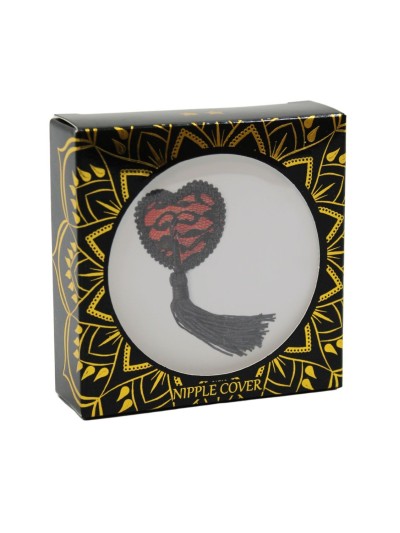 Paire de cache tétons adhésifs en forme de cœur avec dentelle noire et pompom 