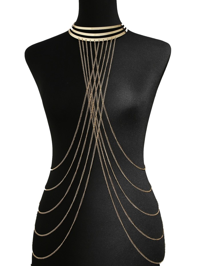 Bijou Tour de cou trois anneaux avec chaines de corps doré 