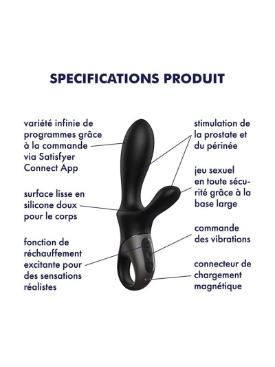 Vibromasseur rabbit noir USB, chauffant et connecté Heat Climax  Satisfyer 