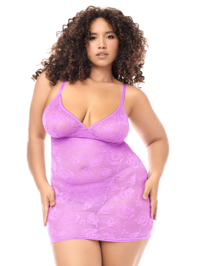 Babydoll grande taille dentelle violette et string 