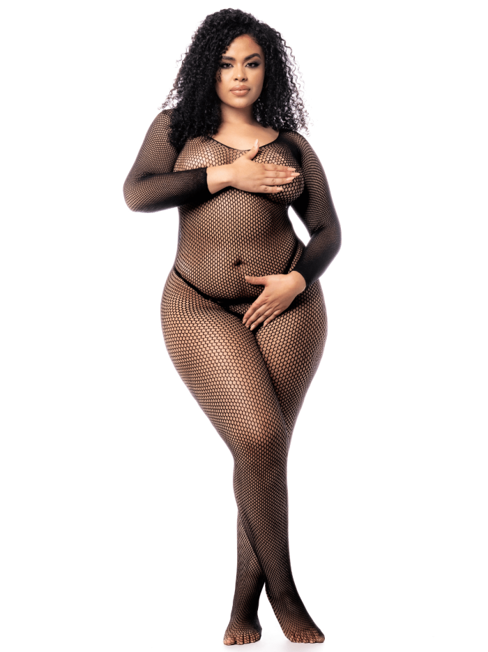 Combinaison grande taille manches longues en résille noire 