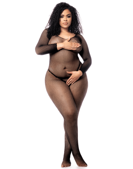 Combinaison grande taille manches longues en résille noire 