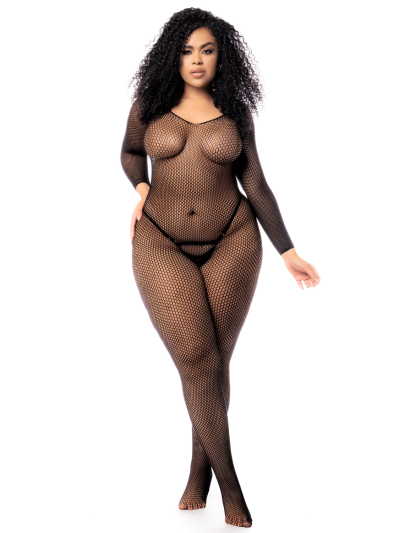 Combinaison grande taille manches longues en résille noire 