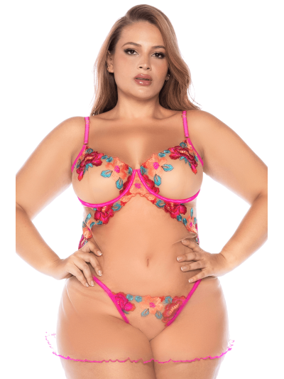 Nuisette grande taille en résille et dentelle florale rose et string assorti 
