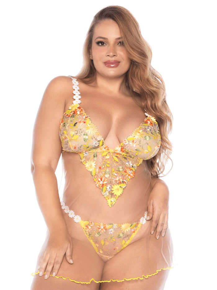 Nuisette grande taille transparente brodée jaune et string 