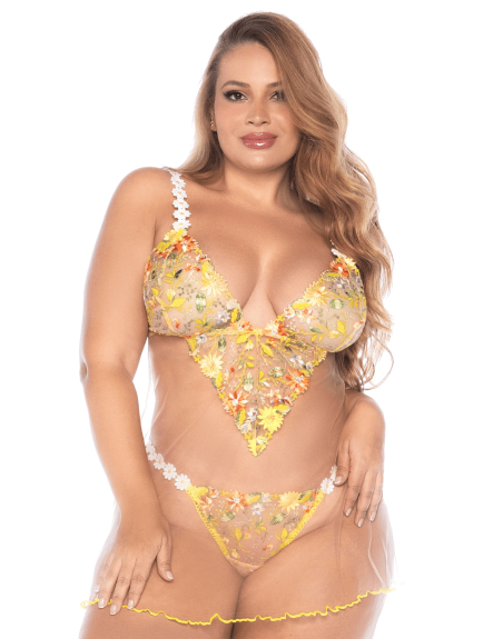 Nuisette grande taille transparente brodée jaune et string 
