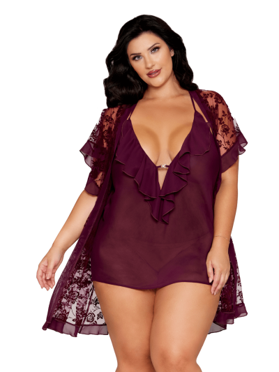 Nuisette et peignoir grande taille couleur aubergine 