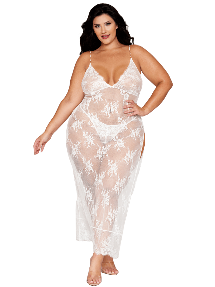 Nuisette longue blanche grande taille en dentelle florale, string assorti 
