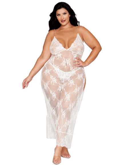 Nuisette longue blanche grande taille en dentelle florale, string assorti 