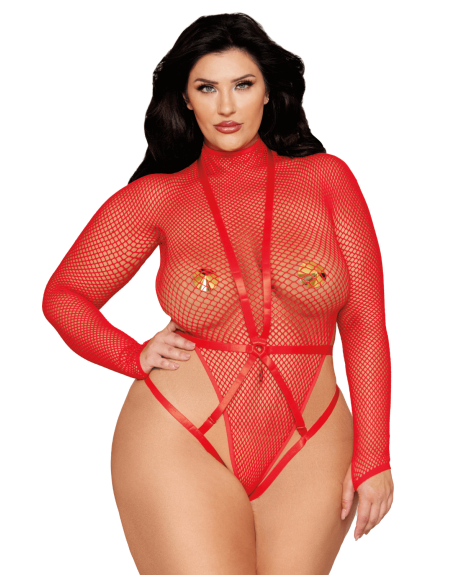 Ensemble 2 pièces grande taille, bodystring résille rouge et harnais 