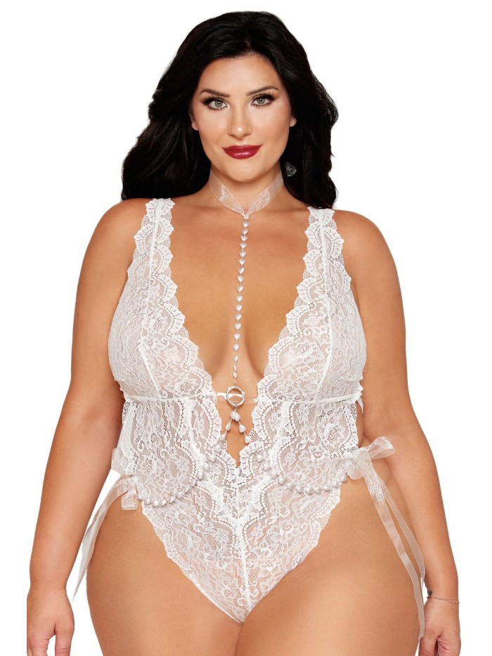 Ensemble 2 pièces grande taille, body dentelle blanc et chainettes bijou de corps perles blanches 
