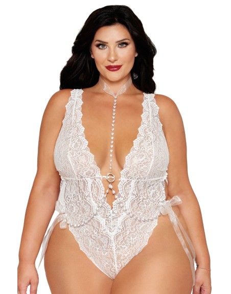 Ensemble 2 pièces grande taille, body dentelle blanc et chainettes bijou de corps perles blanches 