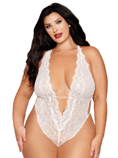 Ensemble 2 pièces grande taille, body dentelle blanc et chainettes bijou de corps perles blanches 