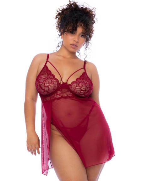 Nuisette grande taille couleur framboise et string 