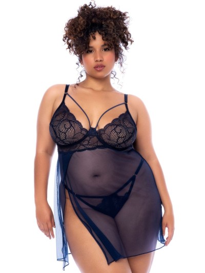 Nuisette grande taille bleu nuit et string 