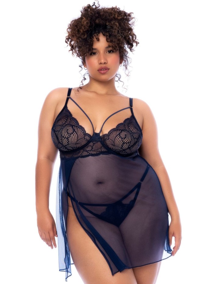 Nuisette grande taille bleu nuit et string 