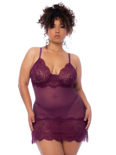 Nuisette en dentelle grande taille bordeaux et string assorti 