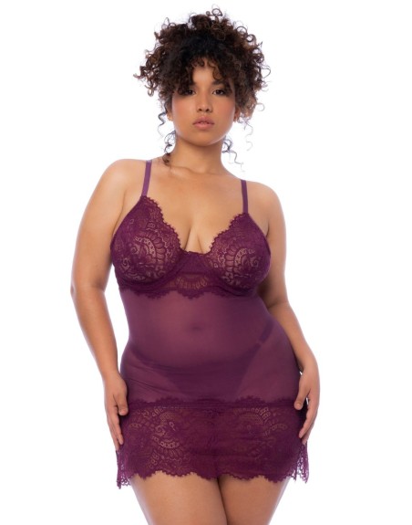 Nuisette en dentelle grande taille bordeaux et string assorti 