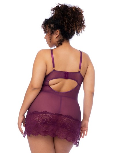 Nuisette en dentelle grande taille bordeaux et string assorti 