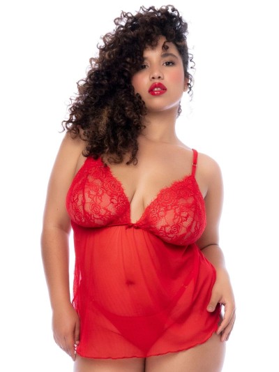Nuisette courte grande taille rouge et string 