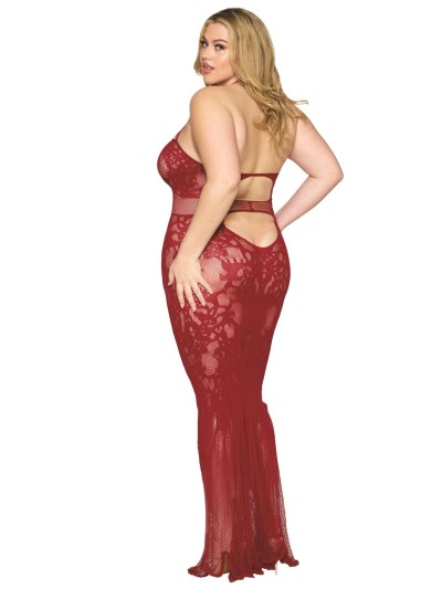 Nuisette longue grande taille en résille rouge 