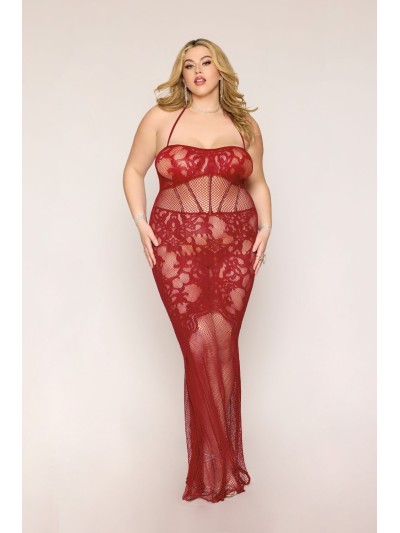 Nuisette longue grande taille en résille rouge 