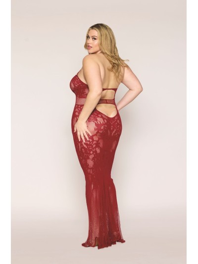Nuisette longue grande taille en résille rouge 