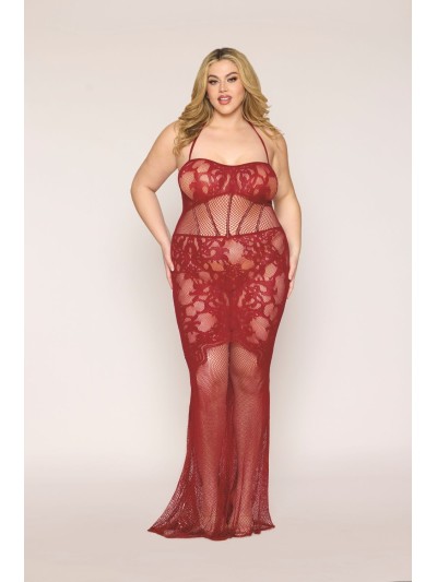 Nuisette longue grande taille en résille rouge 