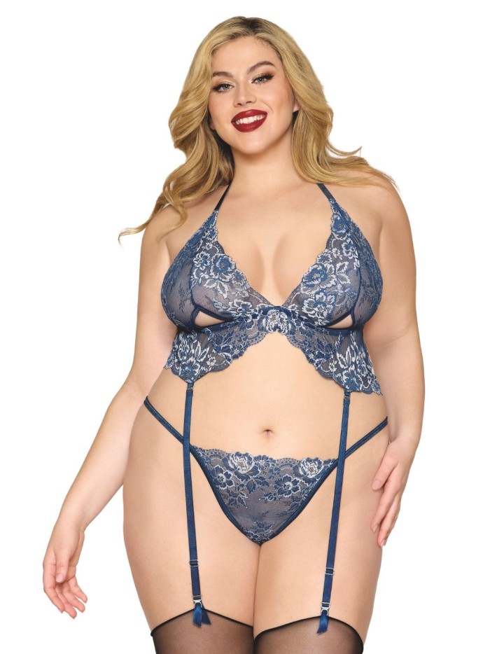Soutien porte jarretelles grande taille et string en dentelle florale bleue 