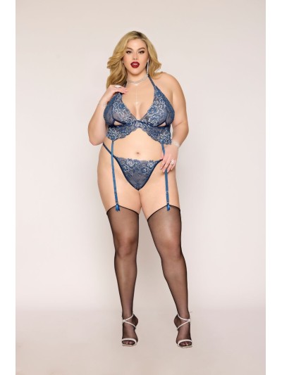 Soutien porte jarretelles grande taille et string en dentelle florale bleue 