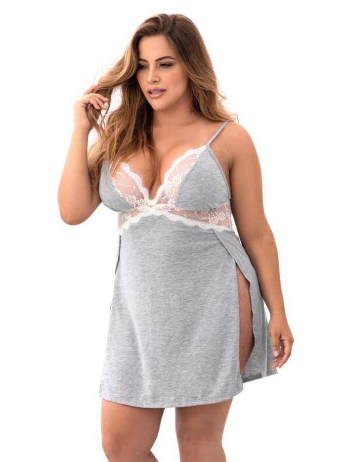 Nuisette en coton grise grande taille fendue sur les côtés et finition dentelle blanche 