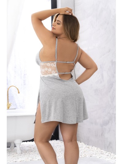 Nuisette en coton grise grande taille fendue sur les côtés et finition dentelle blanche 