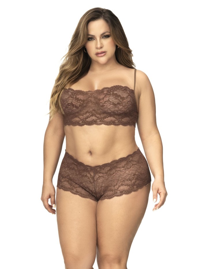 Ensemble 2 pièces en dentelle grande taille, top à bretelles et shorty couleur cacao 