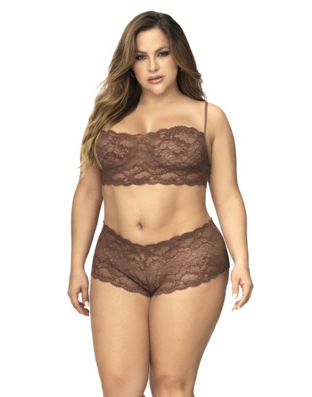 Ensemble 2 pièces en dentelle grande taille, top à bretelles et shorty couleur cacao 